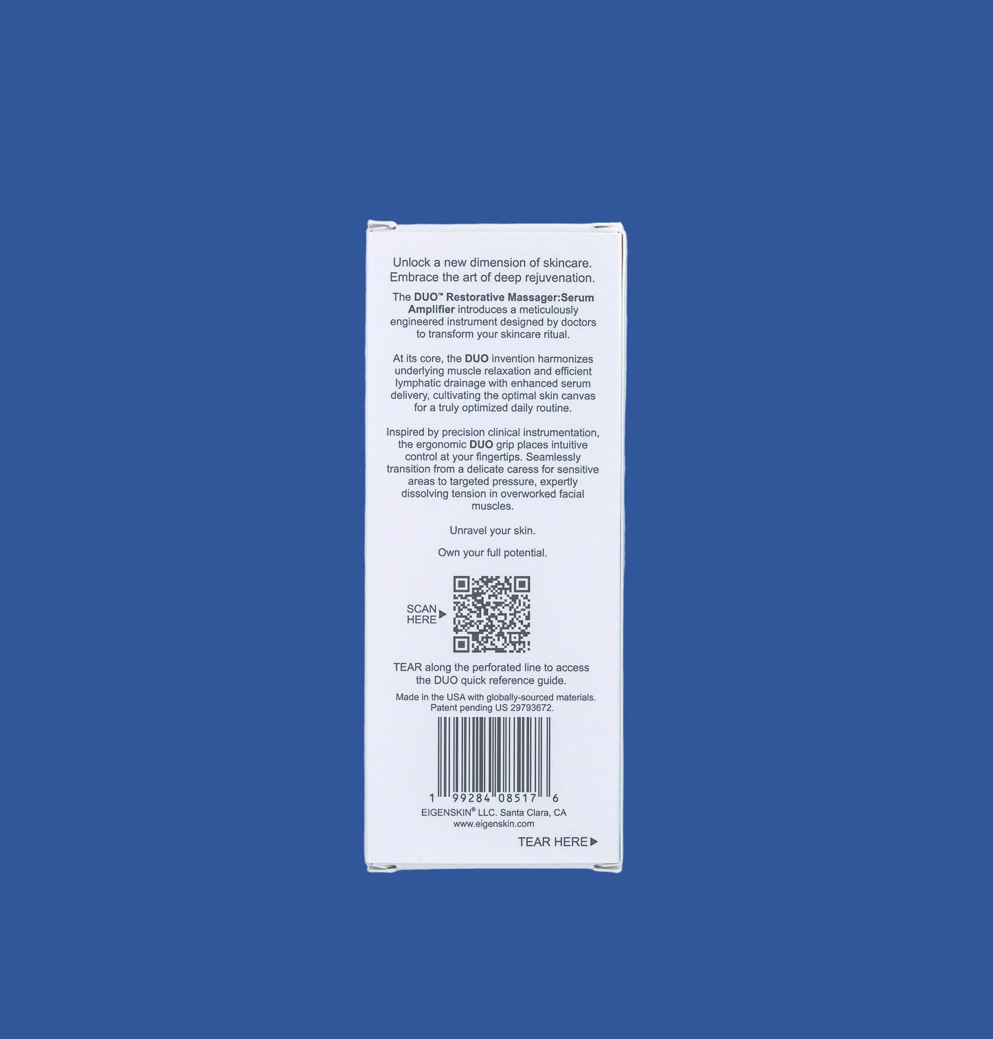 Back of a product packaging with text and a QR code on a light blue background