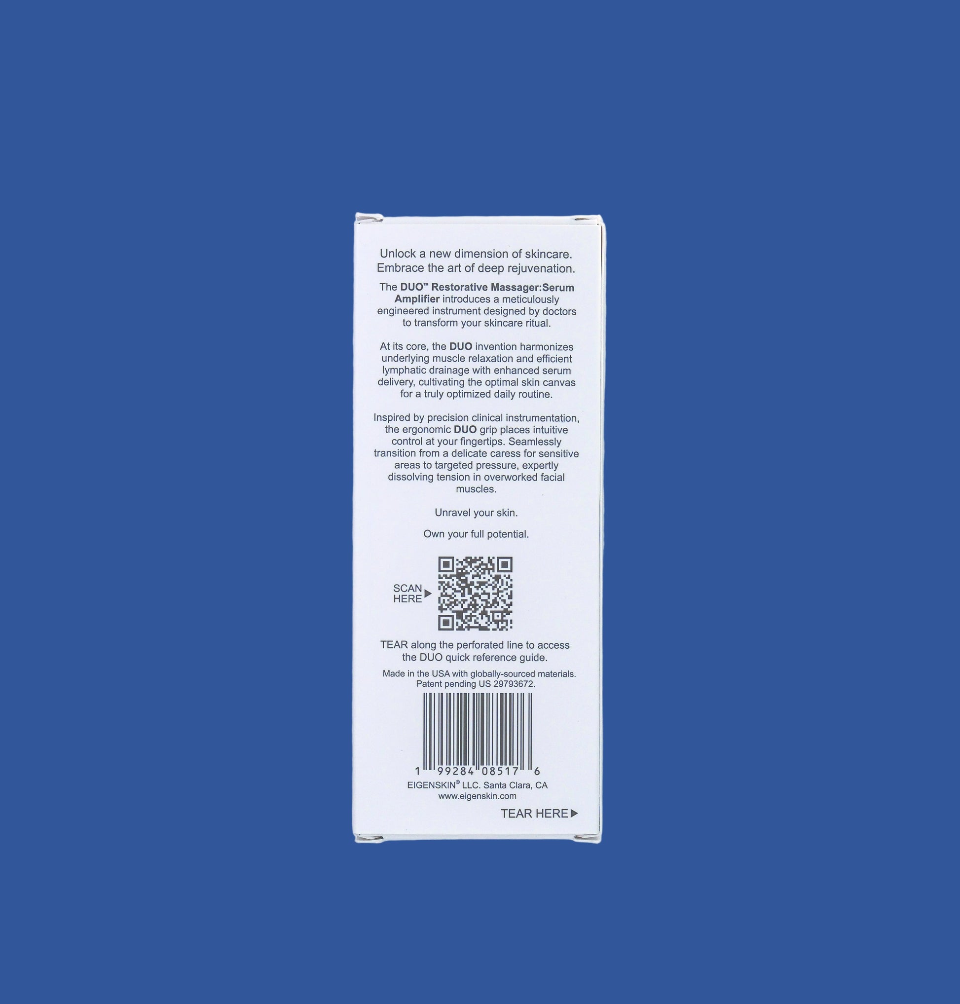 Back of a product packaging with text and a QR code on a light blue background