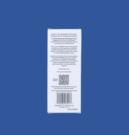 Back of a product packaging with text and a QR code on a light blue background